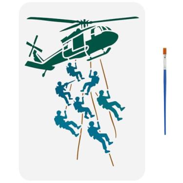 Imagem de FINGERINSPIRE Estêncil de soldados de helicóptero com pincel de pintura 21 x 29,7 cm modelo de pintura de paraquedistas decorativo plano de soldado para pintura modelo de tema militar para decoração
