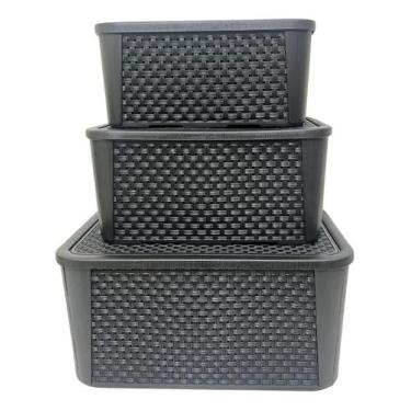 Imagem de Kit 3 Caixas Organizadoras Tampa Rattan Retangular Plasnew, Preto