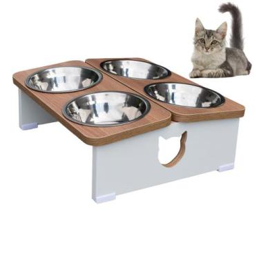 Imagem de Comedouro Bebedouro Elevado Quadruplo Gato Pet MDF Tigela  Inox - Made