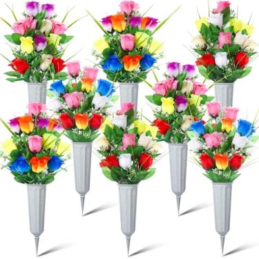 Imagem de Quzzil Conjunto de 8 flores artificiais de cemitério para sepultura, buquê de rosas artificiais multicoloridas, sepultura, flores memoriais com vaso e espigão para decoração de cemitério ao ar livre