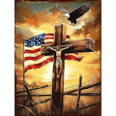 Imagem de F-CANLAN Kit de pintura de diamante redondo completo 5D cruz de Deus arte diamante cruz águia diamante pintura com pedra Deus Jesus pintura diamante para decoração de quarto adulto iniciante (30,5 x