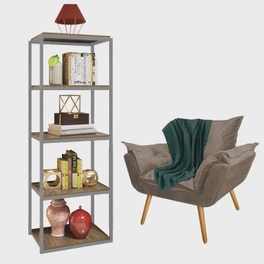 Imagem de Kit Poltrona Fatte com Manta Soft Verde e Estante Livreiro Ferro Cinza mdf Imbuia Suede Bege - Ahz Móveis