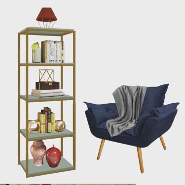 Imagem de Kit Poltrona Fatte com Manta Soft Cinza e Estante Livreiro Ferro Dourado mdf Verde Oliva Suede Azul Marinho - Ahz Móveis
