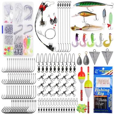 Imagem de Kit de equipamentos de pesca para água salgada - 212 peças de acessórios de pesca do oceano incluídos anzóis iscas de pesca Minnow iscas de minnow, colheres, botões giratórios, fios, líderes, boias, miçangas, equipamento de pesca de surfe