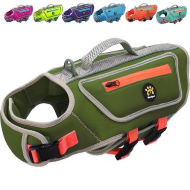 Imagem de Sheripet Colete salva-vidas para cães pequenos com alta flutuabilidade, colete salva-vidas leve para cães nadando, colete flutuante refletor ajustável, alça de resgate de neoprene, verde escuro, PP