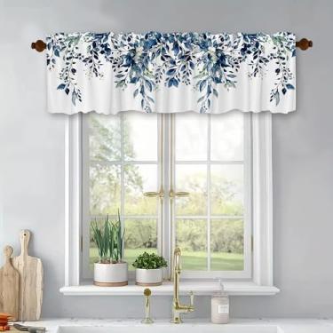 Imagem de Cortinas de cozinha com folhas botânicas de eucalipto, tratamento de janelas, sanefas, azul, plantas florais, blackout, painel superior com bolso para varão para banheiro, quarto, sala de estar, 137 x