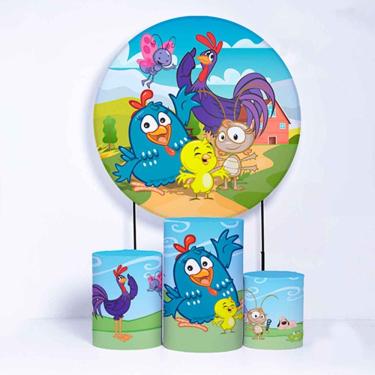 Imagem de Kit Painel de Festa Redondo de 1,80m e Trio de Cilindros Galinha Pintadinha - Fera Print