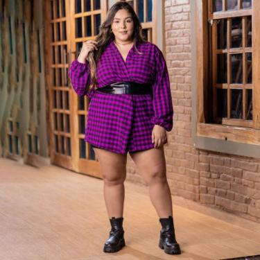 Imagem de Camisa Xadrez Feminina Plus Size Manga Longa Ajustável Kimono Cardigã 