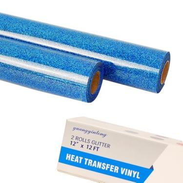 Imagem de guangyintong Rolos de vinil HTV de transferência de calor azul celeste com glitter, 2 rolos de 30,5 cm x 3,7 m, ferro em vinil para camisetas Glitter Blue HTV Vinyl para todas as máquinas de corte