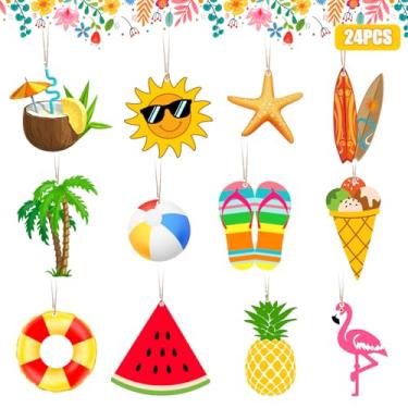 Imagem de Arosche Decorações de árvore de verão Hello Summer Enfeites de árvore de madeira pendurados 24 peças praia havaiana coco flamingo ornamentos de pendurar de madeira para interior manto lareira