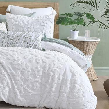 Imagem de Peri Home Conjunto de edredom e fronha 100% algodão com 3 peças, solteiro, chenille branco e louro