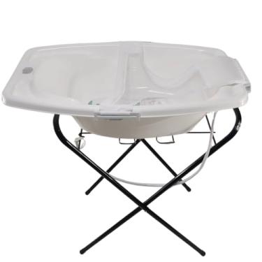 Imagem de BANHEIRA PARA BEBÊ 25 LITROS COM VÁLVULA SUPORTE E REDE ROSA AZUL BRANCA (Branco + Suporte Preto)