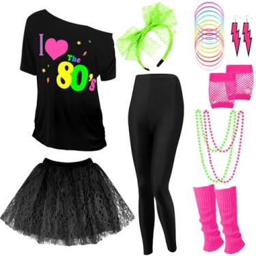 Imagem de Vabean Conjunto de 19 peças, fantasia dos anos 80, leggings, saia tutu, faixa de cabeça, colar, pulseiras, brincos, luvas, polainas femininas, Tutu preto, G