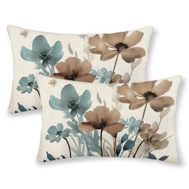 Imagem de Yxuiyal Conjunto de 2 capas de almofada floral de primavera 30,5 x 50,8 cm conjunto de 2 capas de almofada floral azul marrom ao ar livre rústica decoração de flores de verão capa de almofada