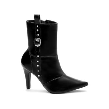 Imagem de EMILY ONLINE, Bota Cano Médio Salto Alto Stiletto 9 cm Bico Fino Feminina Preta com Fivela e Apliques (Preto, 36)