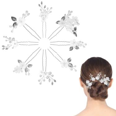 Imagem de 8 peças de alfinetes de cabelo prateados para casamento, folha de flor branca, presilhas de cabelo com strass pérola, acessórios de cabelo para mulheres, noivas, dama de honra