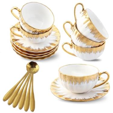 Imagem de CHANJOON Conjunto de 6 colheres de chá, 170 g com borda de ouro galvanizado e caixa de presente, xícara de café inglês branco de cerâmica (cor dourada)