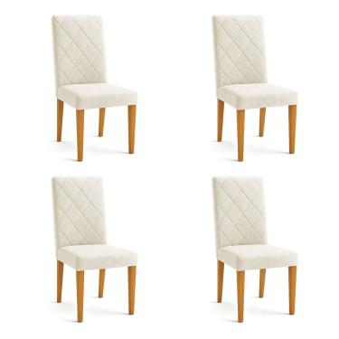 Imagem de Kit 04 Cadeiras de Jantar Estofada Siena Veludo Bege Pés Trapézio Castanho - Pallazio