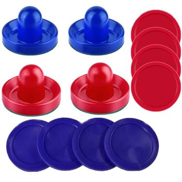 Imagem de INSCOOL Empurradores de Air Hockey e discos espessos, raquetes de hóquei de ar, acessórios de substituição para mesas de jogo (4 empurradores vermelhos e azuis, 8 discos espessos vermelhos e azuis)