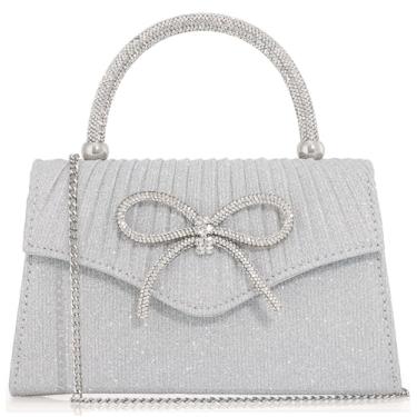 Imagem de Venoline Bolsa clutch noturna cintilante para mulheres, alça superior com laço de strass, bolsa formal de formatura de casamento, glitter - prata, Medium
