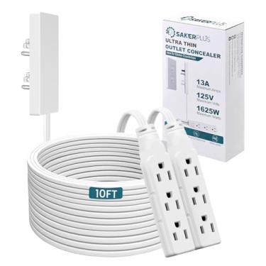 Imagem de SakerPlus Filtro De Linha Com Ocultador Tomada, Extensor Tomada 3 Tomadas Ac, Cabo Extensão Plugue Plano Metros, Tamanho Universal, 1625 W Para Cozinha, Casa E Escritório, Seguro Crianças Animais Es