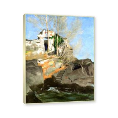 Imagem de Moldura dourada champanhe. Impressões de artistas famosos, (Costa Solitária) por Hans Emmenegger, Pôster de reprodução de impressões em tela de paisagem para decoração de casa. 40 x 50 cm - 15,8 x