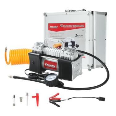 Imagem de ROADAID Compressor De Ar Portátil Para Encher Pneus 12 V, Bomba Cilindro Duplo 150 Psi, Caixa Alumínio Luxo, Braçadeira Bateria, Mangueira Extensão 5 M, Metal Carro, Suv, Motocicleta, Bicicleta