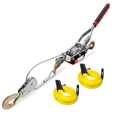 Imagem de YATOINTO Guincho Come Along com capacidade de 5 toneladas, cabo de aço de 3 pés, 3 ganchos, ferramenta resistente com engrenagens duplas com duas alças de elevação de 3,5 cm x 2,8 m, extrator de cabo