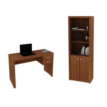 Imagem de Escritório com Mesa para Computador 2 Gavetas Com Armário Pareteleira 2 Portas Amendoa - FdECOR