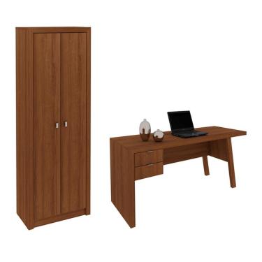 Imagem de Escritório com Mesa para Computador 2 Gavetas Com Armário 2 Portas Amendoa - FdECOR