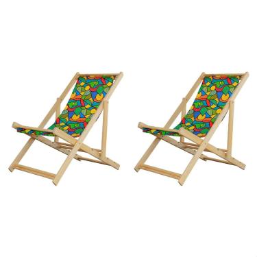 Imagem de Kit 2 Espreguiçadeiras Preguiçosa Dobrável sem Braço Madeira Maciça com Tecido Colorido