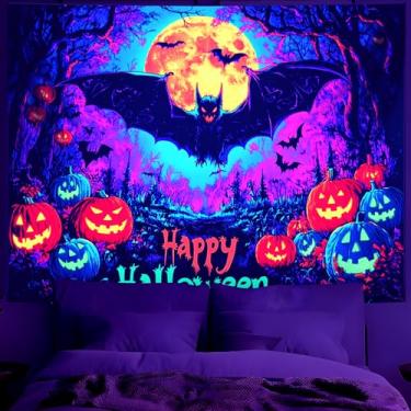 Imagem de BVBOX Tapeçaria de Halloween com luz negra, UV reativo que brilha no escuro preto luz tríplice tapeçaria pôsteres para sala de estar, quarto (morcego de abóbora, 200,7 cm x 149,9 cm)