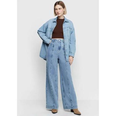 Imagem de Calça Jeans Dzarm Pantalona Cintura Alta Feminina-Feminino