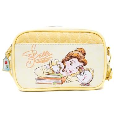 Imagem de Bolsa tiracolo transversal de couro vegano da Disney com alças ajustáveis, A Bela e a Fera Chip Mrs Potts e Beast Pose, Amarelo, 8.0" x 5.5"