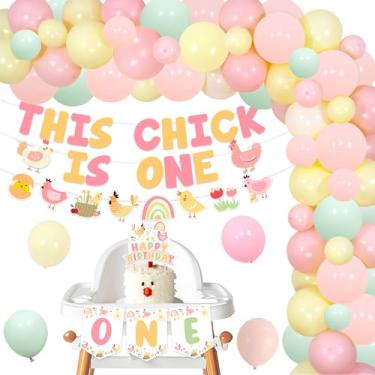 Imagem de Decorações de 1º aniversário com tema de frango, este pintinho é um banner de animais de fazenda, uma cadeira alta, faixa de galinha, topo de bolo, guirlanda de balão para meninos e meninas, decoração