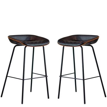 Imagem de Kit 2 Cadeira Banqueta Alta Com Assento Estofado em Couro Preta Leather EdeCasaMoveis