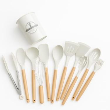 Imagem de Kit Conjunto De Utensílios De Cozinha De Silicone E Madeira 12 Peças Resistentes A Altas Temperaturas Fácil De Limpar Antiaderente Para Panelas Antiaderentes Com Espátula Colher E Mais Acessórios