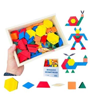 Imagem de Brinquedo Educativo Mosaico Geométrico 100 Peças Jogo Divertido Montando Formas Madeira Brinquedo Educativo Pedagogico