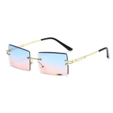 Imagem de Óculos de sol vintage luxuosos sem aro, femininos e masculinos, armação de metal punk, óculos masculinos UV400 (dourado, azul e rosa)