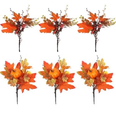 Imagem de Palhetas florais de outono, 6 peças de caules florais artificiais de outono com folhas de bordo, abóbora e baga, decoração de folhas de 24 cm para colheita, outono, Ação de Graças, Halloween, flores