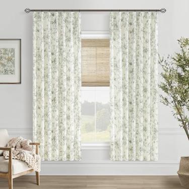 Imagem de Cortinas florais plissadas de 182 cm de comprimento para sala de jantar, sala de estar, casa de fazenda francesa, boho, vintage, filtro de luz, verde-oliva, estampa de flor de peônia, cortina de linho