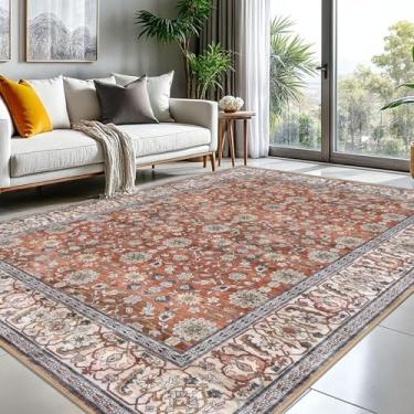 Imagem de KUTA Tapetes vintage 20 x 25 cm para sala de estar, tapete grande lavável em terracota para quarto 2,4 m x 3 m, antiderrapante, ultrafino, macio, estampado, tradicional, floral, envelhecido, sala de