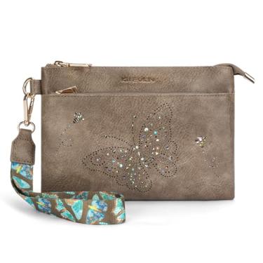 Imagem de KITEVIUN Porta-chaves carteiras de pulso bolsas de mão para mulheres carteira de telefone com bloqueio de RFID borboleta, 07-cinza-marrom