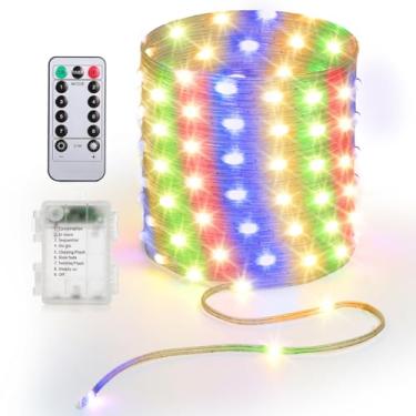 Imagem de KepStars Luzes de corda operadas por bateria, 10 metros, 100 luzes LED de corda alimentadas por bateria com controle remoto e temporizador para decoração de guirlanda de árvores de Natal em ambientes