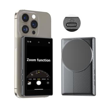 Imagem de Tela de monitor de selfie para celular com controle remoto de zoom, câmera traseira magnética para iPhone, tela espelhada de selfie externa sem fio com obturador, zoom e interruptor de câmera frontal