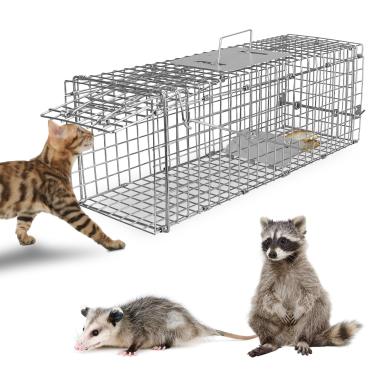 Imagem de Armadilha para gaiola de animais humana - Armadilha dobrável de aço galvanizado para guaxinins, marmotas e gatos vadios, 61 cm x 20 cm x 17 cm, uso interno/externo (pegar e soltar)