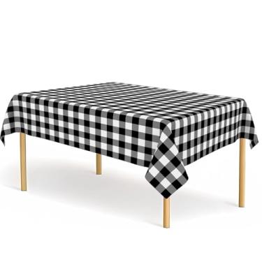 Imagem de CINSOEN Pacote com 4 toalhas de mesa xadrez pretas e brancas pretas de plástico guingão para festas, descartáveis, 137 x 274 cm, capas de mesa retangulares à prova d'água para festa, aniversário