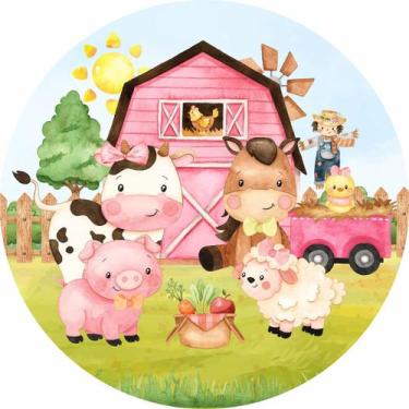 Imagem de Painel de Lona Redondo Fazendinha Aquarela Animais Laços e Gravatas - 