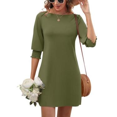 Imagem de Vestido feminino LUYAA solto de cor sólida com bolsos verde oliva
