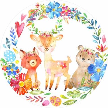 Imagem de Painel de Lona Redondo Animais e Flores do Bosque Aquarela - Fabrika D